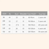 Size chart for kids' summer dresses, including age, height, bust, and shoulder measurements.