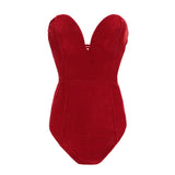 Red velvet strapless lace-up bodysuit, elegant nightwear for women, perfect for autumn and winter seasons.