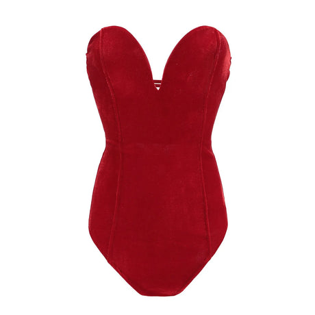 Red velvet strapless lace-up bodysuit, elegant nightwear for women, perfect for autumn and winter seasons.