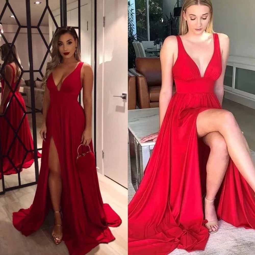 V-neck red bridesmaid evening dresses featuring floor-length split gowns in a stylish A-line silhouette.