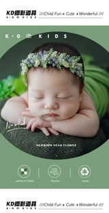 Newborn baby girl wearing an adjustable faux flower headband for photography, promoting cute styles and comfort.
