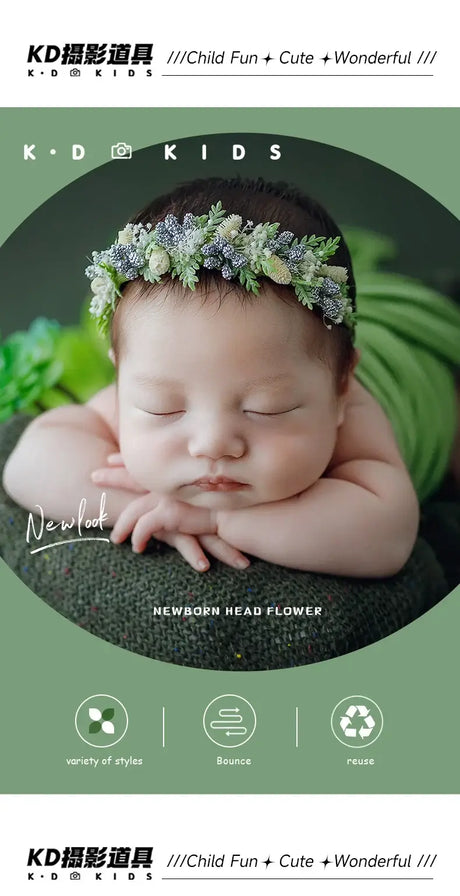 Newborn baby girl wearing an adjustable faux flower headband for photography, promoting cute styles and comfort.