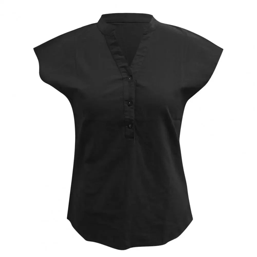 BreezyLuxe™ black cotton linen V-neck blouse with short sleeves and button closure, perfect for summer.