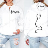 Women Cat Print Zip Hoodie Jacket Streetwear Coat