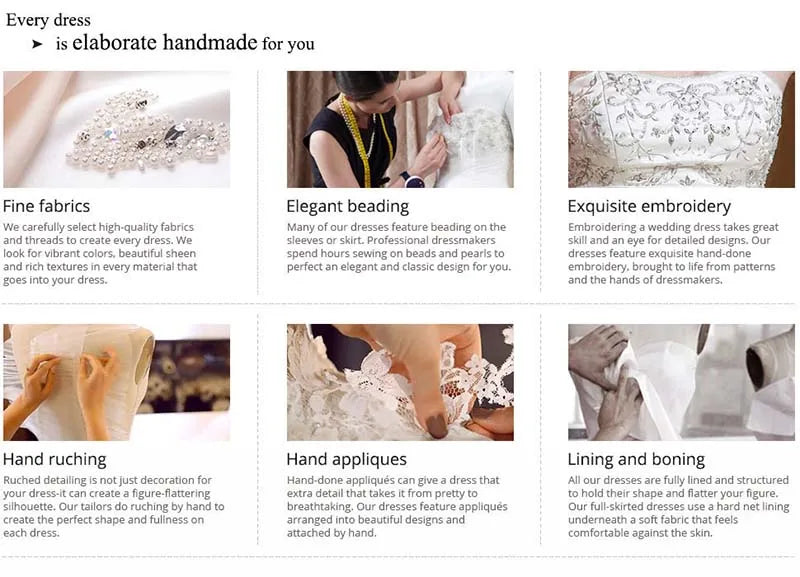 Handmade wedding dress details: fine fabrics, elegant beading, exquisite embroidery, ruching, hand appliques, and lining.