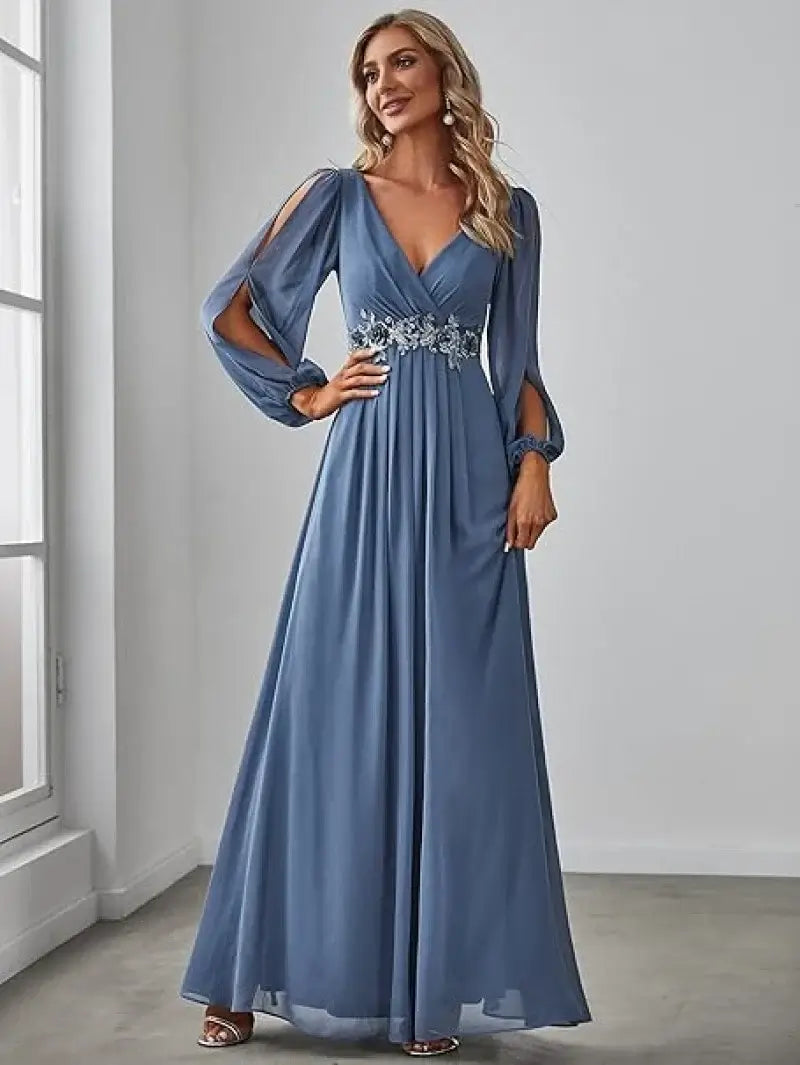 Women Elegant Evening Dress Long Sleeve A-Line Maxi