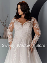 Women Plus Size Glitter Tulle Long Sleeve Wedding Gown