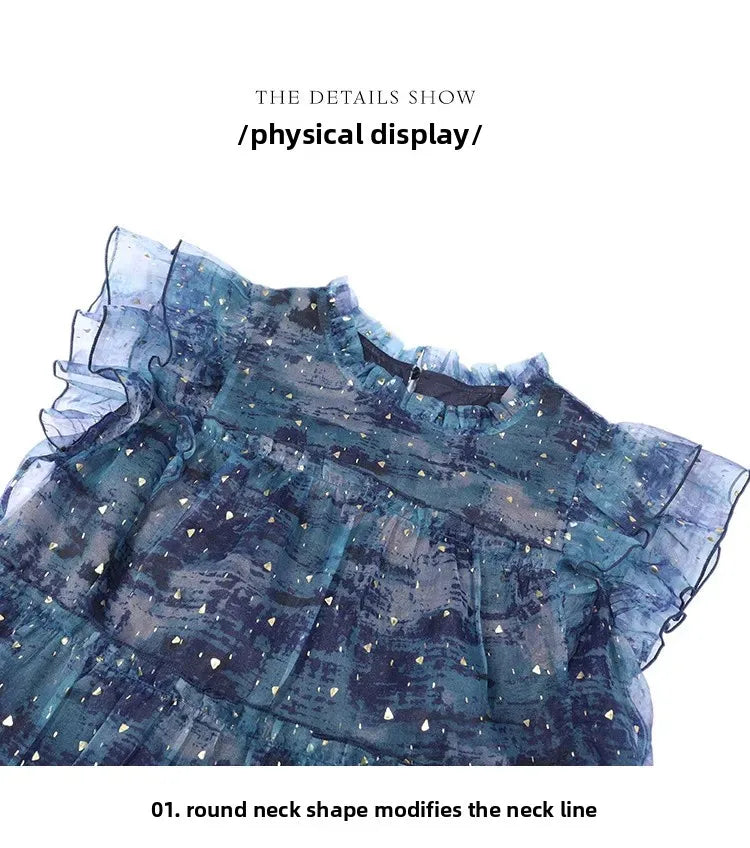 LOUIS YAO Sparkling Dress close-up, showcasing flounced edges and round neckline in blue pattern.