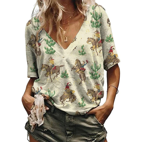Western Cowgirl graphic t-shirt for women with v-neck, featuring horse and cactus pattern, casual fit, and slight stretch.
