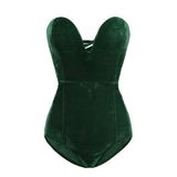 Dark green velvet strapless lace-up bodysuit for women, perfect for nightwear in autumn/winter.