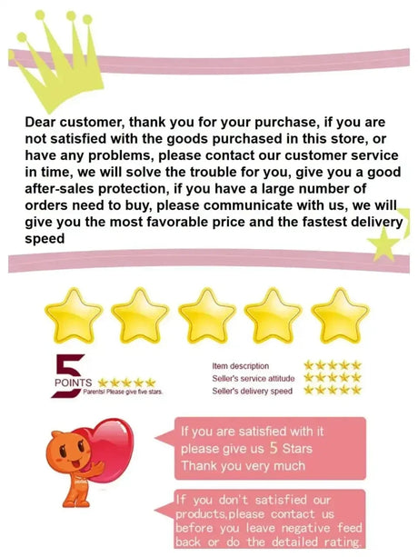 Customer feedback and ratings request graphic with stars and contact information.