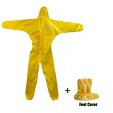 Chemical resistant yellow work coverall suit with detachable feet cover for safe utility and protection.