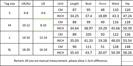 Size chart for elegant beach maternity dress, including measurements in cm and inches for S, M, L, and XL.