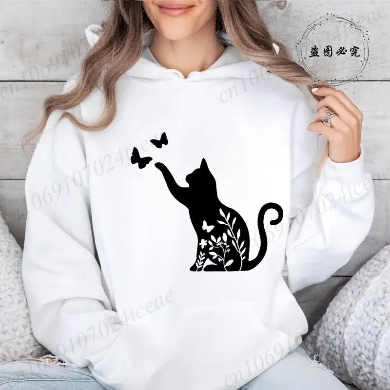 Women Cat Heartbeat Print Hoodie Streetwear Pullover