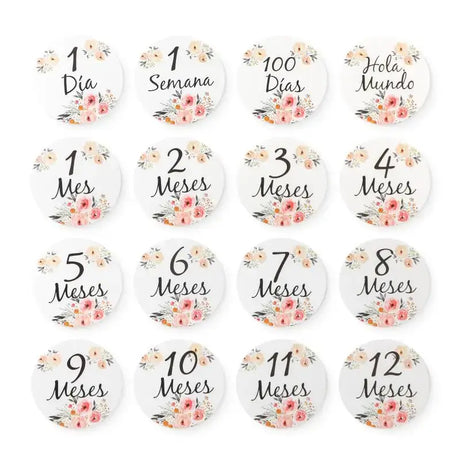 Set of 12 floral newborn memory cards for age milestones from 1 day to 12 months in English and Spanish.