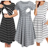 Striped multifunctional nursing dresses in black, gray, and white, perfect for maternity and baby showers.