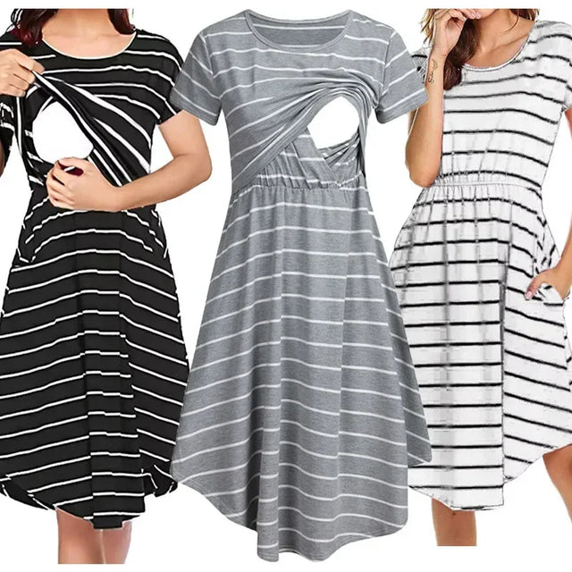 Striped multifunctional nursing dresses in black, gray, and white, perfect for maternity and baby showers.