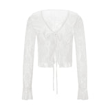 TieGlam™ sheer lace crop cardigan with flare sleeves and front tie, perfect for clubwear.