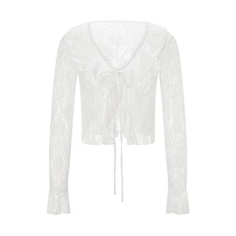 TieGlam™ sheer lace crop cardigan with flare sleeves and front tie, perfect for clubwear.