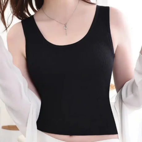Black knitted camisole for women, featuring a soft and stylish design, perfect for summer layering.