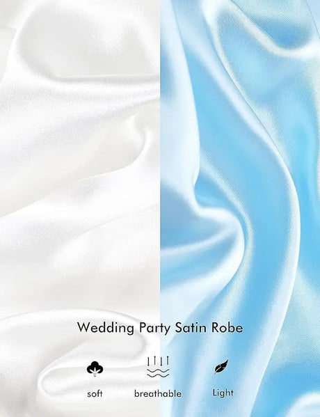 Close-up of white and blue satin fabric for wedding party robes, showcasing soft and breathable material.