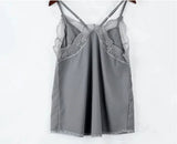 Elegant gray satin camisole with lace detail and strappy design, perfect for all-season sexy clubwear.