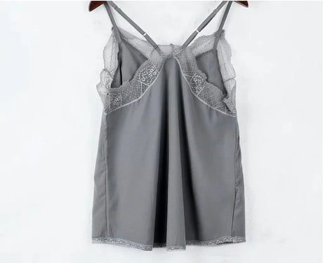 Elegant gray satin camisole with lace detail and strappy design, perfect for all-season sexy clubwear.