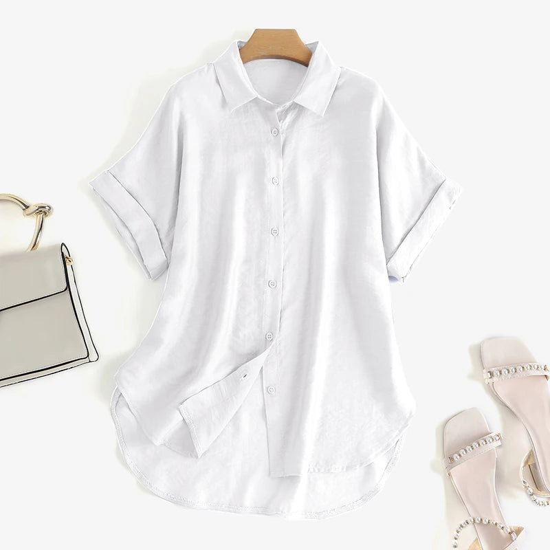 ZanzeaEase™ oversized white summer blouse with button-down closure and turn-down collar, perfect for warm weather styling.