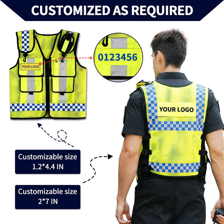 Adjustable mesh safety vest with customizable sizes and logo options for enhanced visibility and safety.