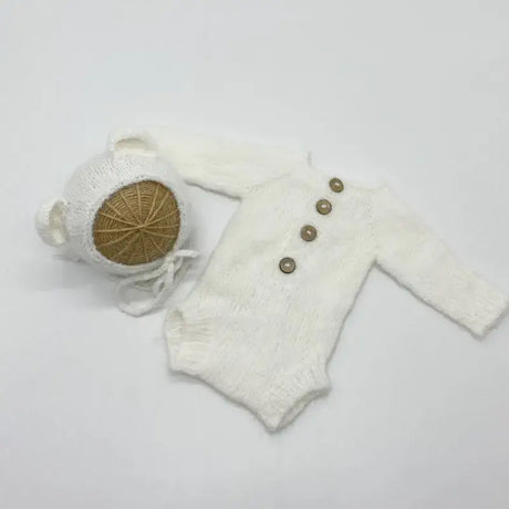 Newborn photo romper with bear bonnet and toy set, perfect for unisex newborn photography props.