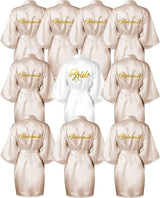 10-piece satin bride and bridesmaid kimono robe set with golden lettering for weddings and bridal showers.