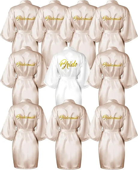 10-piece satin bride and bridesmaid kimono robe set with golden lettering for weddings and bridal showers.