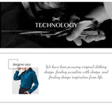 Designer discussing original clothing design over a tailored background, featuring a model in a blue blouse.