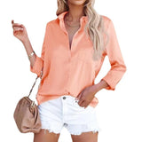 Women Long Sleeve Solid Patch Pocket Blouse