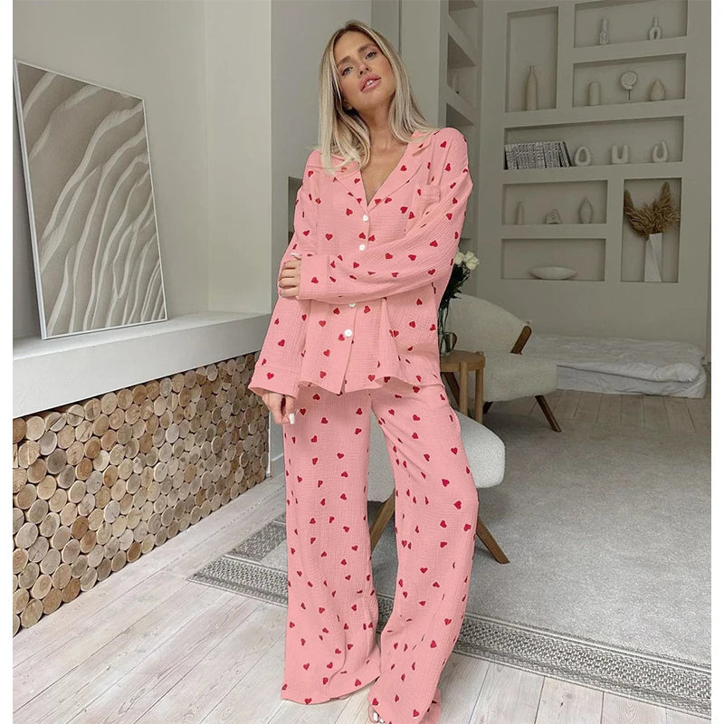 Women Cotton Pajama Set with Hearts