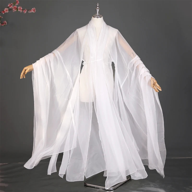 Elegant women's classical Hanfu stage costume in flowing white polyester material, featuring wide sleeves and a graceful design.