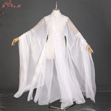 Elegant women's classical Hanfu stage costume in flowing white polyester material, featuring wide sleeves and a graceful design.