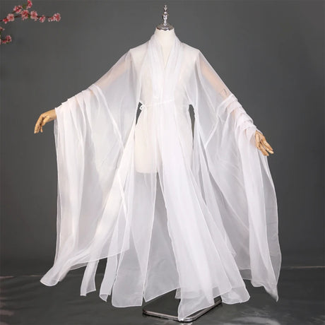 Elegant women's classical Hanfu stage costume in flowing white polyester material, featuring wide sleeves and a graceful design.