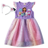 Baby girls knee-length dress with cartoon characters and rainbow mesh skirt, featuring matching unicorn headband.