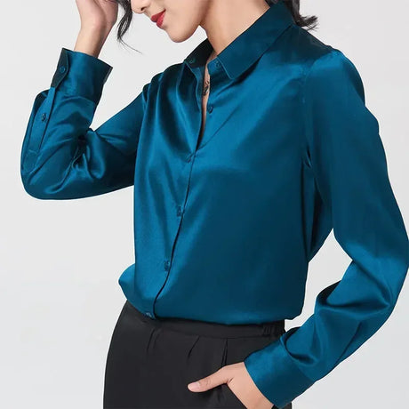 SatinGrace™ long sleeve silk shirt in teal, featuring a V-neck and single-breasted closure, perfect for women.
