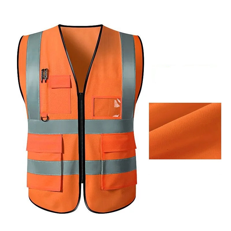Unisex multi-pocket safety vest in orange with reflective strips, ideal for utility and safety workwear, made of breathable polyester.
