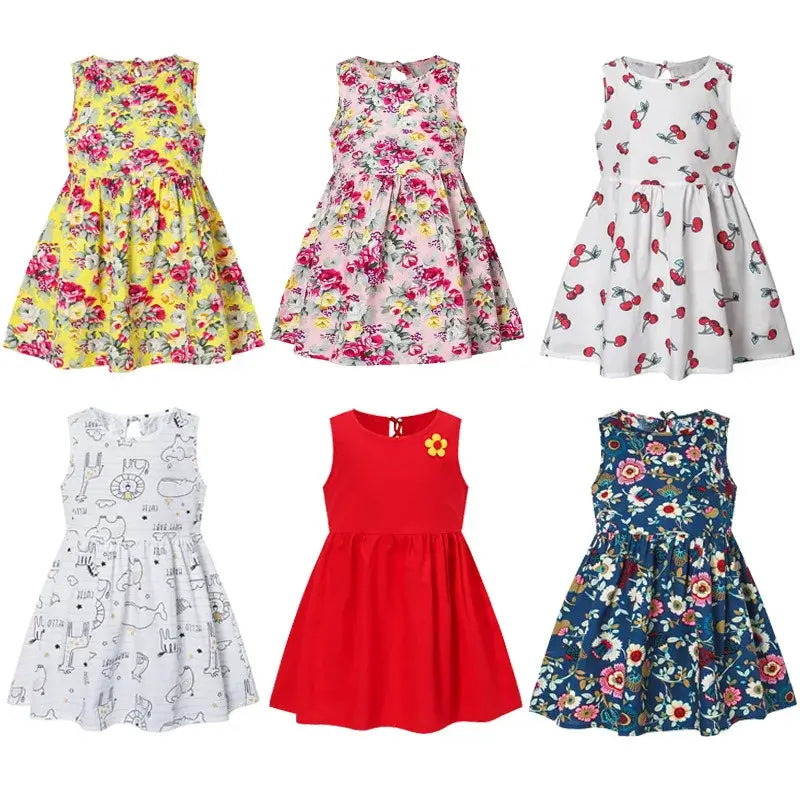 Colorful collection of 2025 Spring Summer girl vest dresses featuring floral and cartoon patterns.