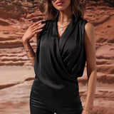 Women Sleeveless Satin Pleated Blouse