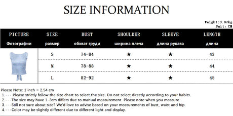 Size chart for plaid bow backless Y2K crop top, showing measurements for small, medium, and large sizes.