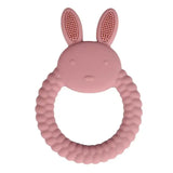 Soft pink silicone baby teether glove with bunny ears, safe for infants to relieve teething pain.