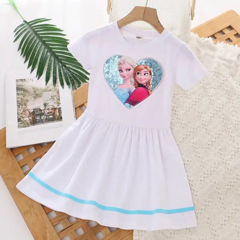 Girls summer dress featuring Elsa and Anna from Frozen, short sleeve, knee-length, perfect for ages 4-6Y.