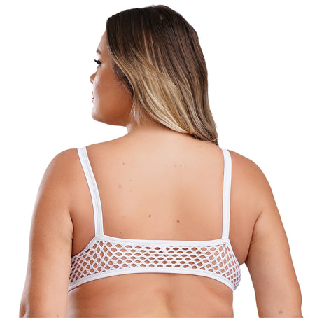 Back view of a woman wearing a sheer white fishnet camisole with spaghetti straps, showcasing plus size fashion.