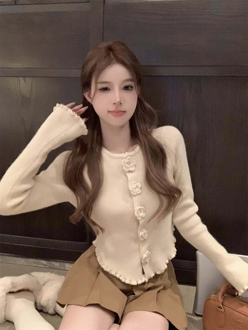 Women Cropped Floral Knit Cardigan