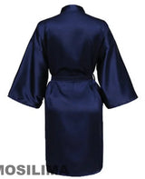Back view of a navy satin kimono robe with short sleeves for women, perfect for bridesmaids.