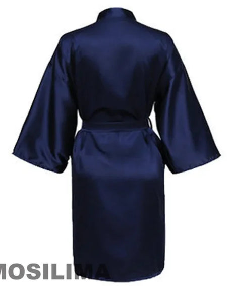 Back view of a navy blue satin kimono robe for women, featuring short sleeves and a waist tie.